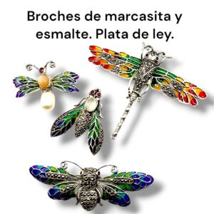 Broches de marcasita y esmalte. Plata de ley.